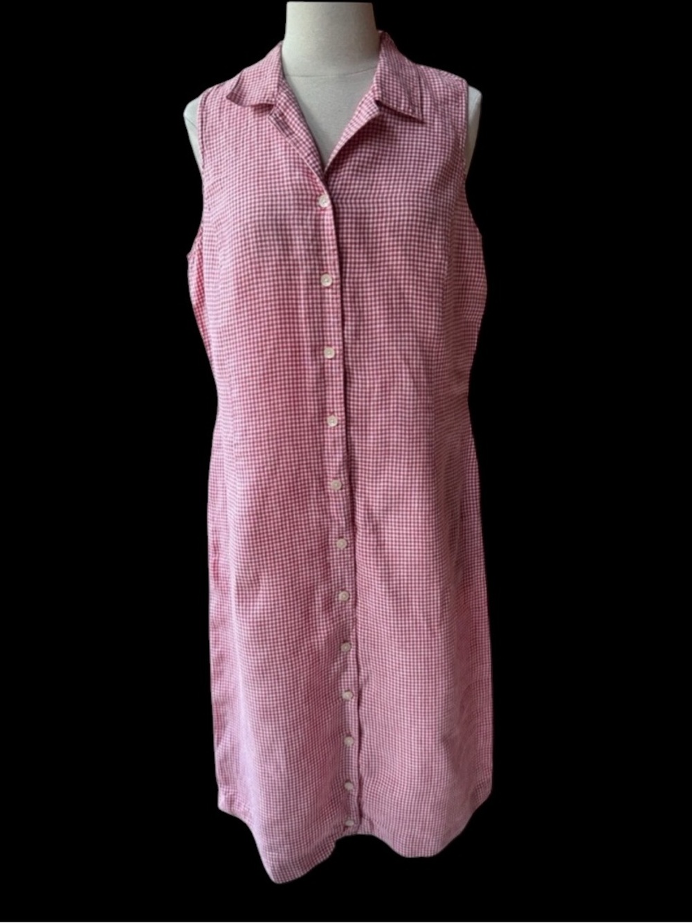 1990s Eddie Bauer 100% Linen Sleeveless Button Down Gingham Dress